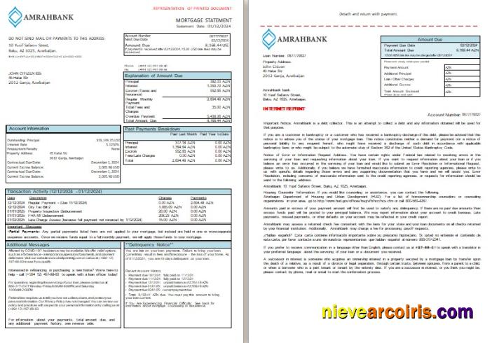 Azerbaijan Amrahbank bank mortgage statement, 3 pages, 1-2